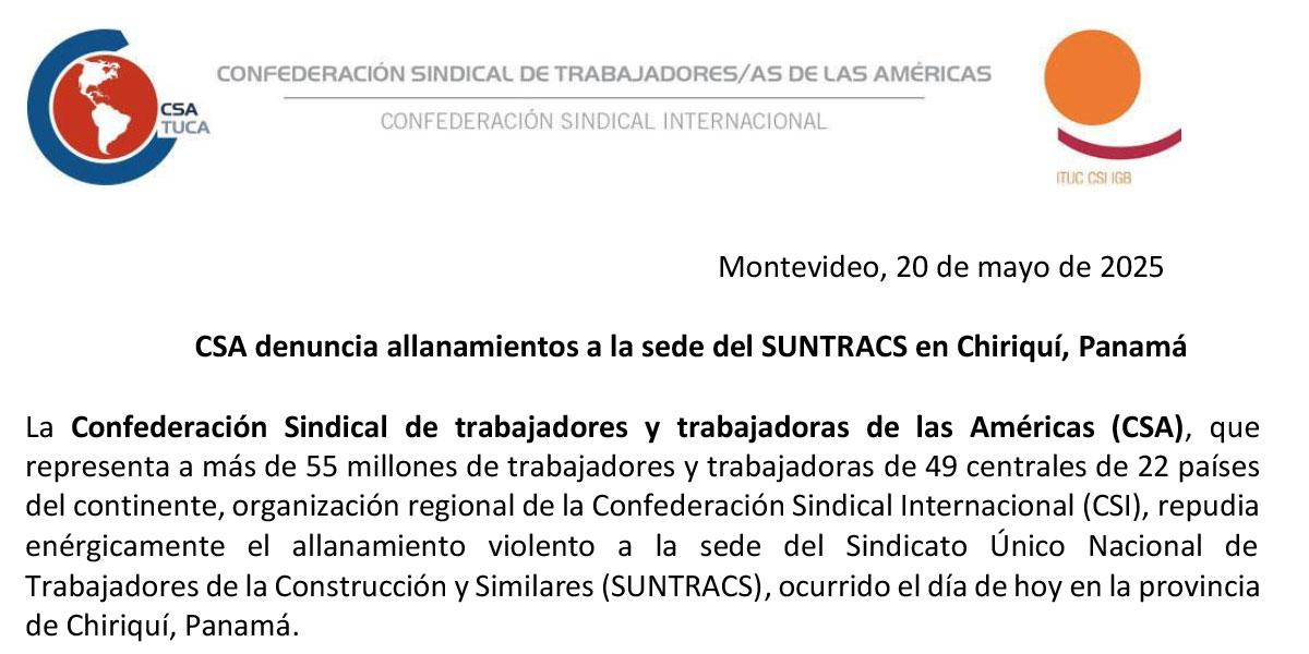 CSA denuncia allanamientos a la sede del SUNTRACS en Chiriquí, Panamá