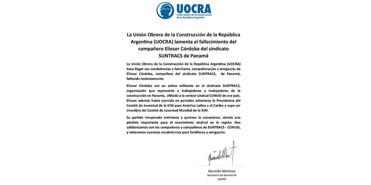 La Unión Obrera de la Construcción de la República Argentina lamenta el fallecimiento del compañero Elieser Córdoba del sindicato SUNTRACS de Panamá