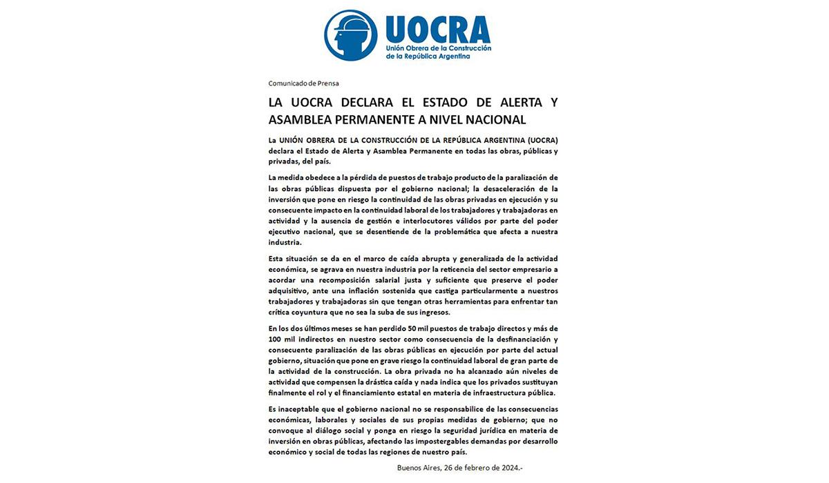 LA UOCRA DECLARA EL ESTADO DE ALERTA Y ASAMBLEA PERMANENTE A NIVEL NACIONAL