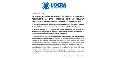 LA UOCRA DECLARA EL ESTADO DE ALERTA Y ASAMBLEA PERMANENTE A NIVEL NACIONAL POR LA NEGATIVA EMPRESARIAL A CUMPLIR CON LA NEGOCIACION COLECTIVA 